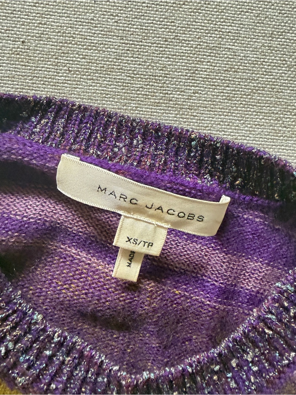 Marc Jacobs Purple and Olive Striped Crewneck Sweater with Sunburst Applique - Picture 6 of 6